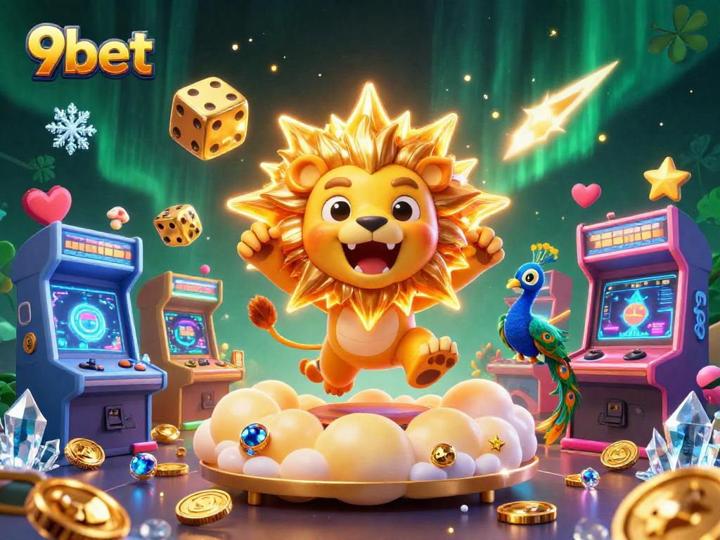 Experience the thrill of 9bet as the roaring sun lion triumphs amidst golden dice and casino games.