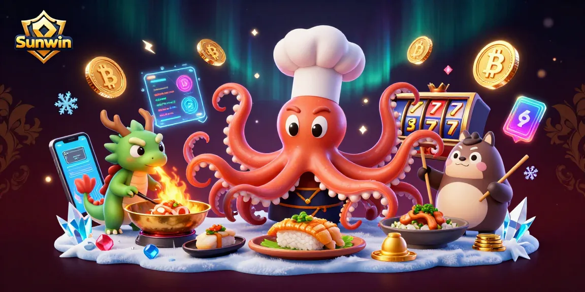 Experience the vibrant Sunwin casino magic with a dynamic scene of a sushi chef octopus and friends.
