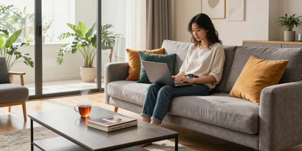 Kaufen Sie stilvolle Möbel mit schneller Lieferung in dieser gemütlichen Wohnzimmer-Szene, die moderne Dekoration zeigt.