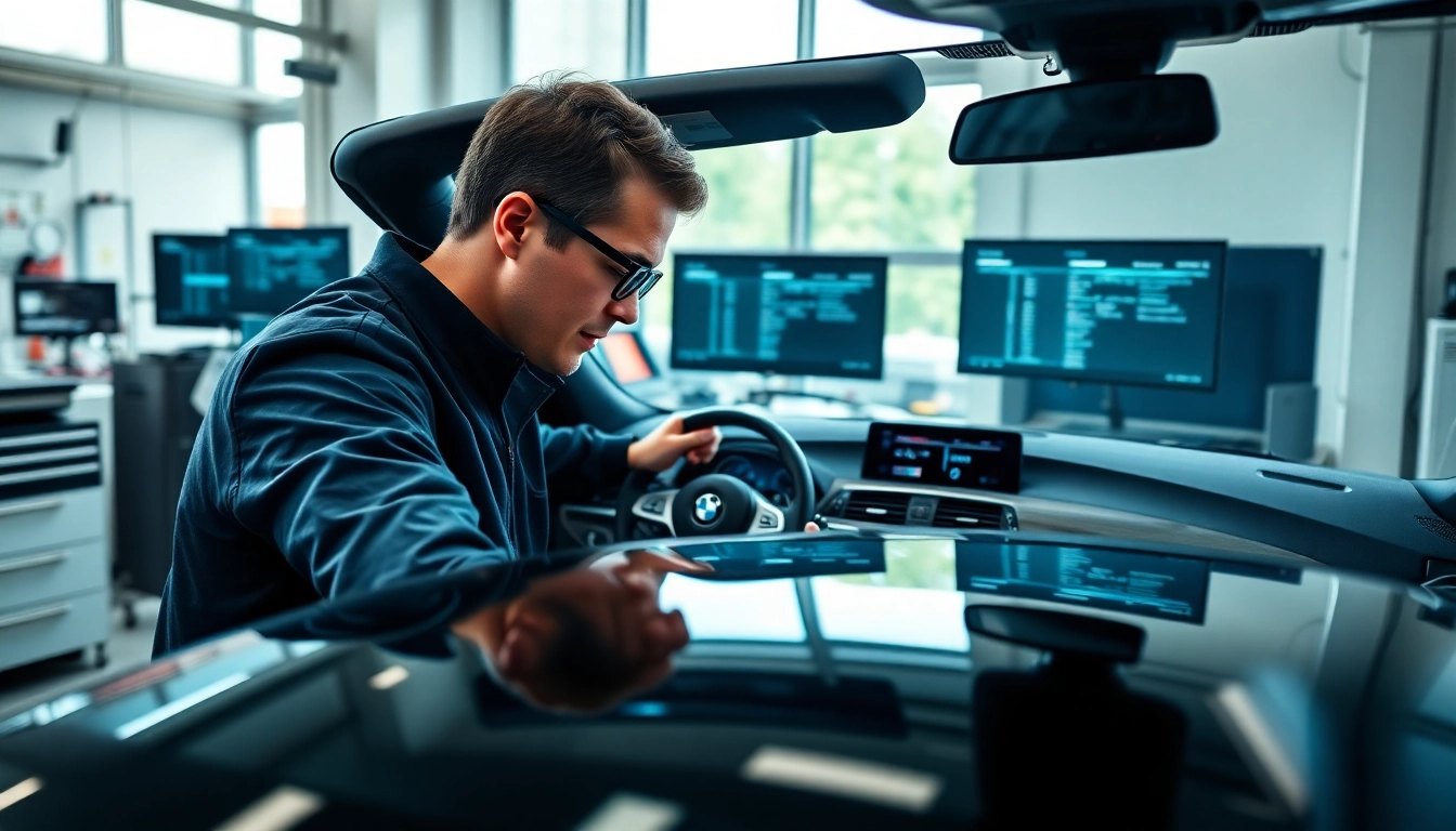 BMW Codierer arbeitet an einem modernen BMW in einer hellen Werkstatt mit technischen Geräten.