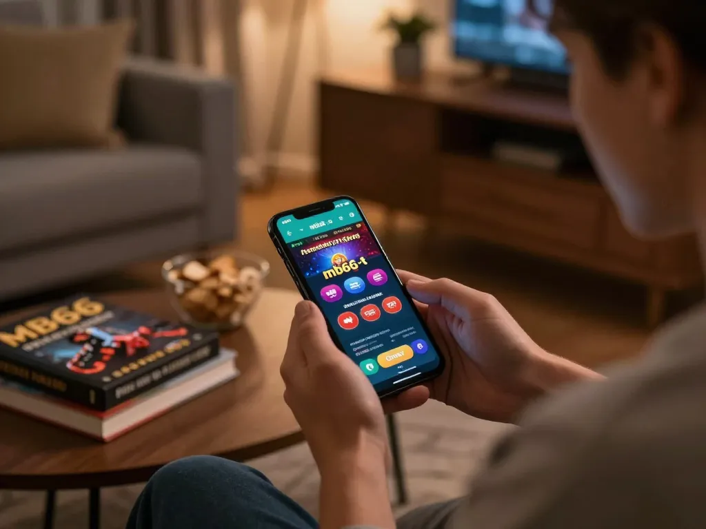 Engaging moment of mobile gaming on the mb66-t app, showcasing responsible gambling in a cozy home setting.