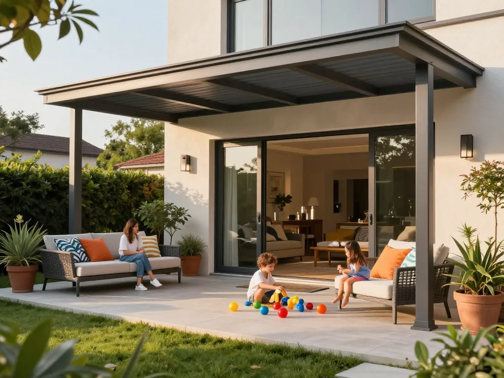 Hochwertige Terrassenüberdachung mit Familie, die die Terrasse in einer schönen Gartenumgebung genießt.