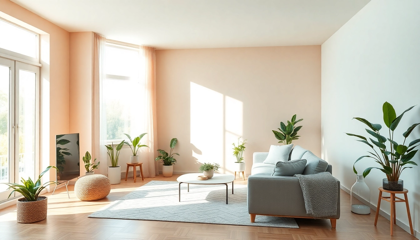 Moderne Raumgestaltung mit harmonischen Erdtönen und Pflanzen für einladende Atmosphäre