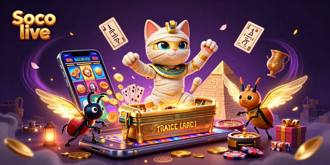 Soco live offers thrilling slot action with a mummy cat and scarab beetle in a casino scene.