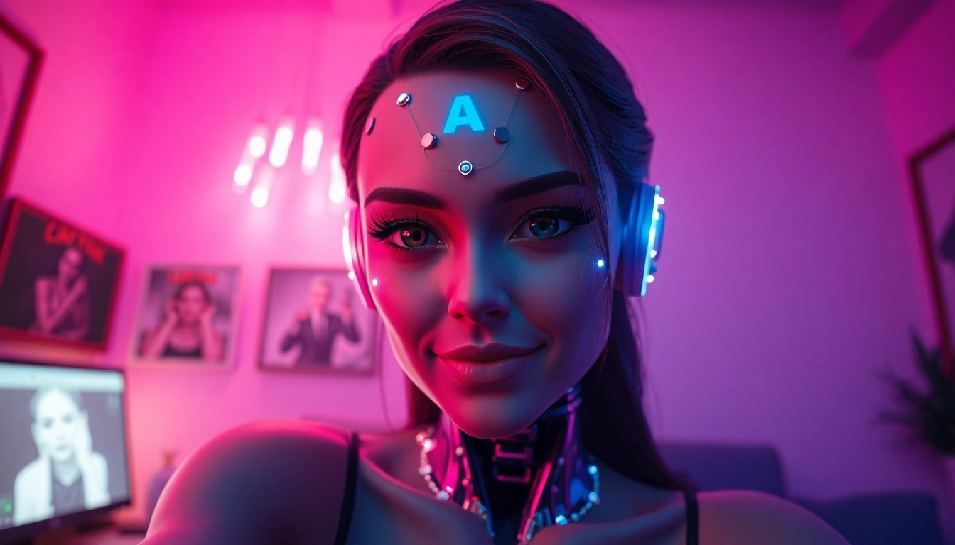 Engaging AI chat nsfw interaction in a vibrant digital room with an inviting chatbot character.
