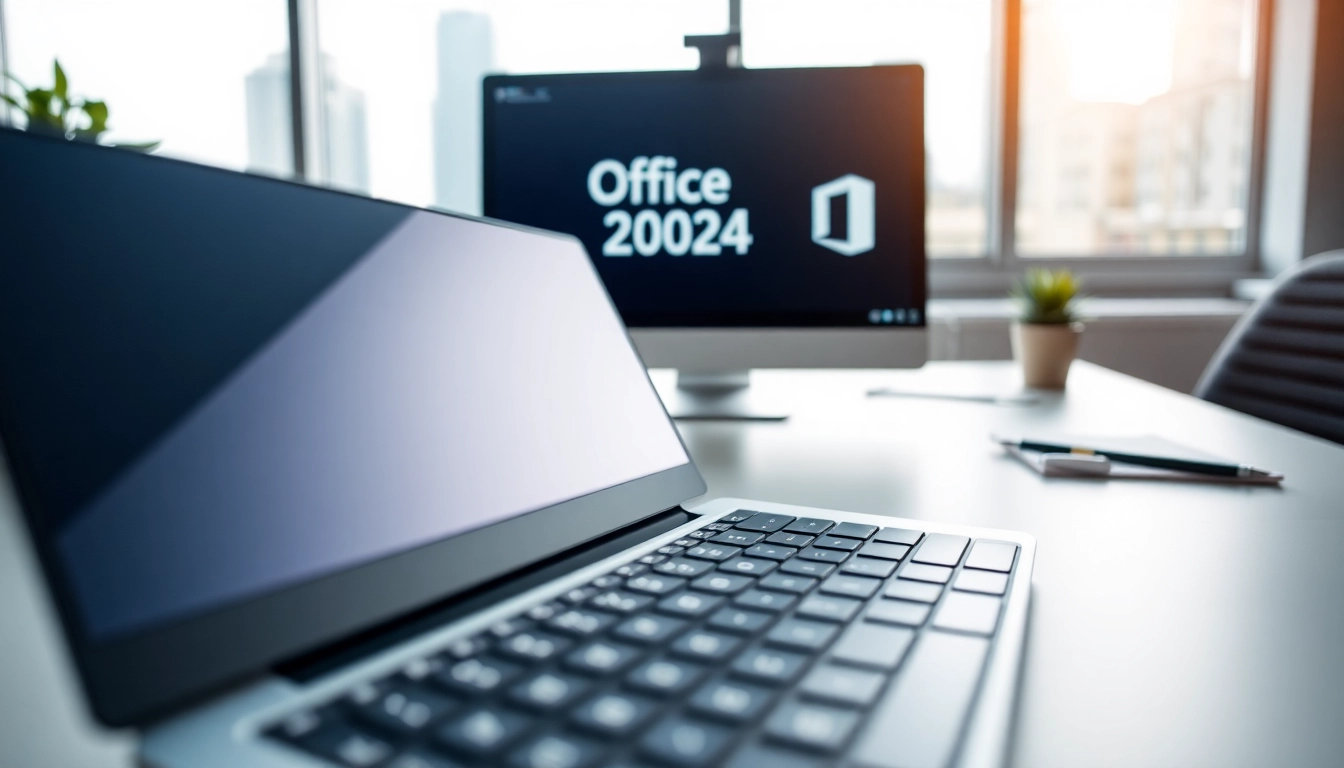 Office 2024 Pro Software sofort verfügbar in einem professionellen Arbeitsumfeld auf einem Schreibtisch.