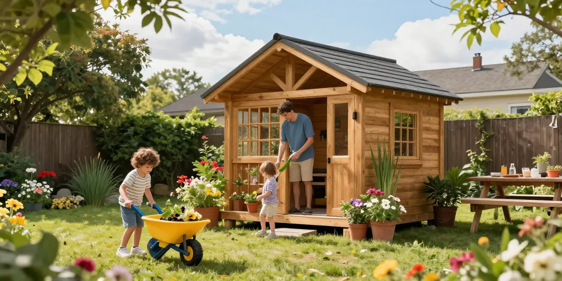 Familie beim Gartenhaus kaufen und das neue Gartenhaus im Garten genießen, umgeben von bunten Blumen und Pflanzen.