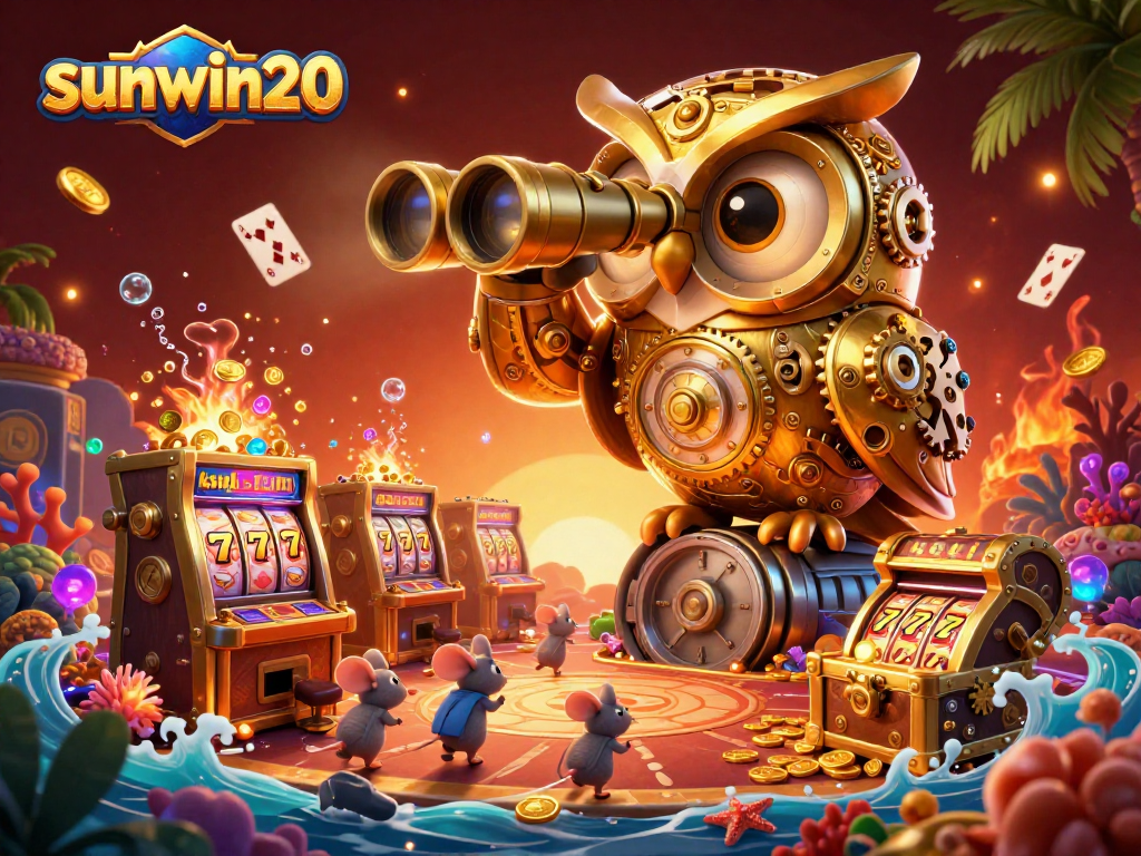 Experience thrill at sunwin20 with a clockwork owl overseeing thrilling casino games and treasures.