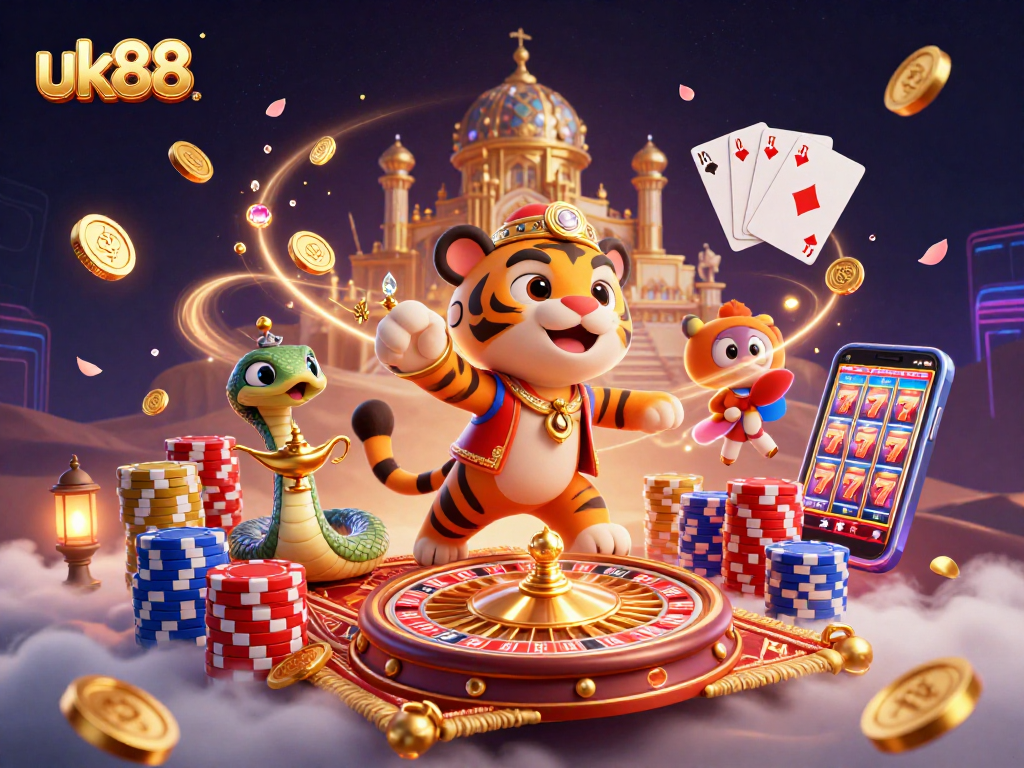 Experience the thrill of uk88 online gaming with a colorful, engaging 3D casino illustration.