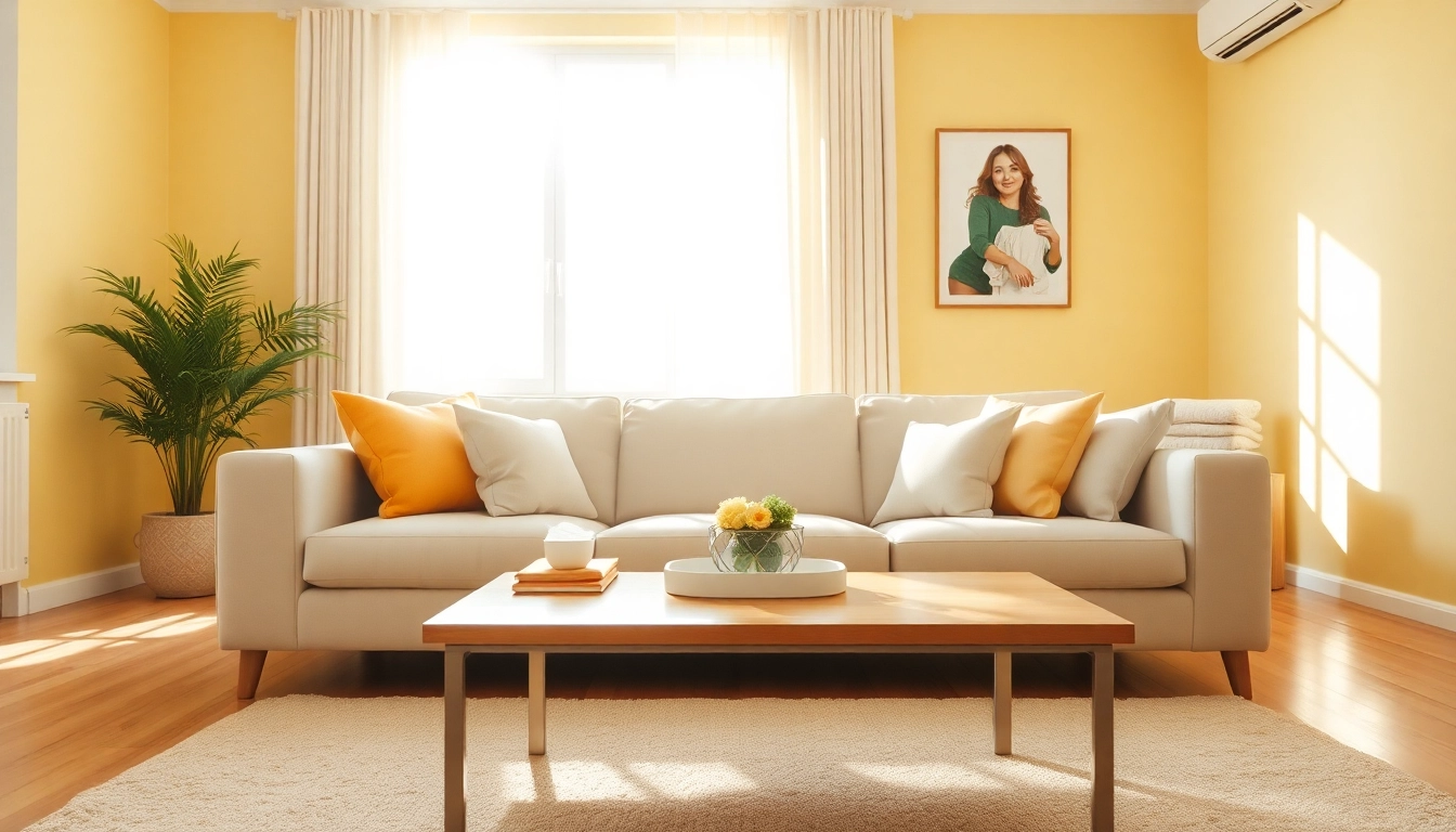 Professionelle Reinigung des Hauses in einem strahlend hellen Wohnzimmer mit eleganten Details.