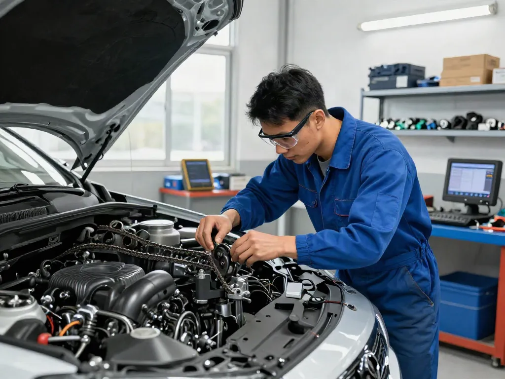 Steuerkette wechseln Hannover in einer professionellen Werkstatt mit Mechaniker, der den Motor inspiziert.