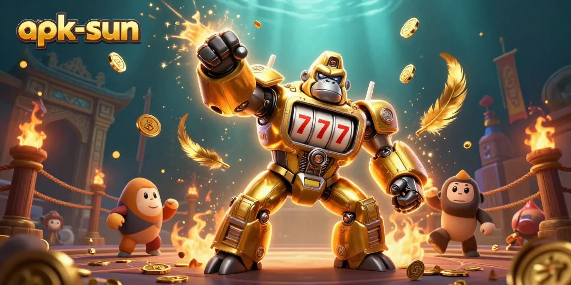 Engage in thrilling action with apk-sun's thrilling golden gorilla mech in this electrifying casino scene.