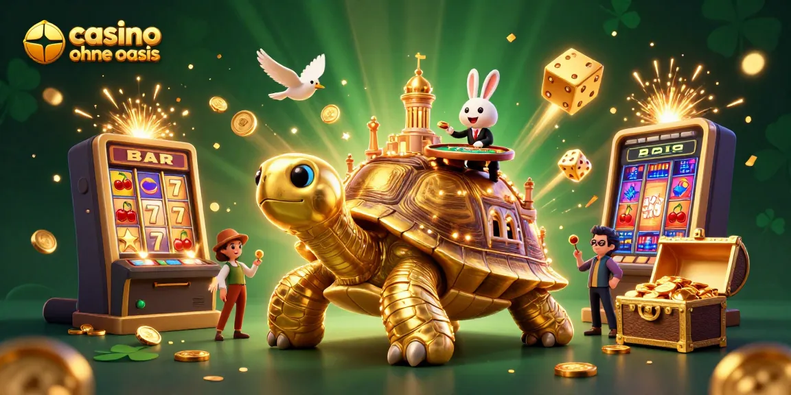 Experience the excitement of casino ohne oasis with this colorful 3D illustration featuring a golden tortoise and a rabbit dealer.