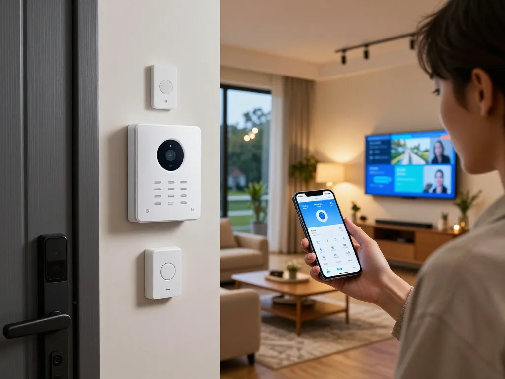 Ajax Alarmanlage in einer modernen Smart Home Sicherheitsanordnung mit Sensoren und App-Zugriff