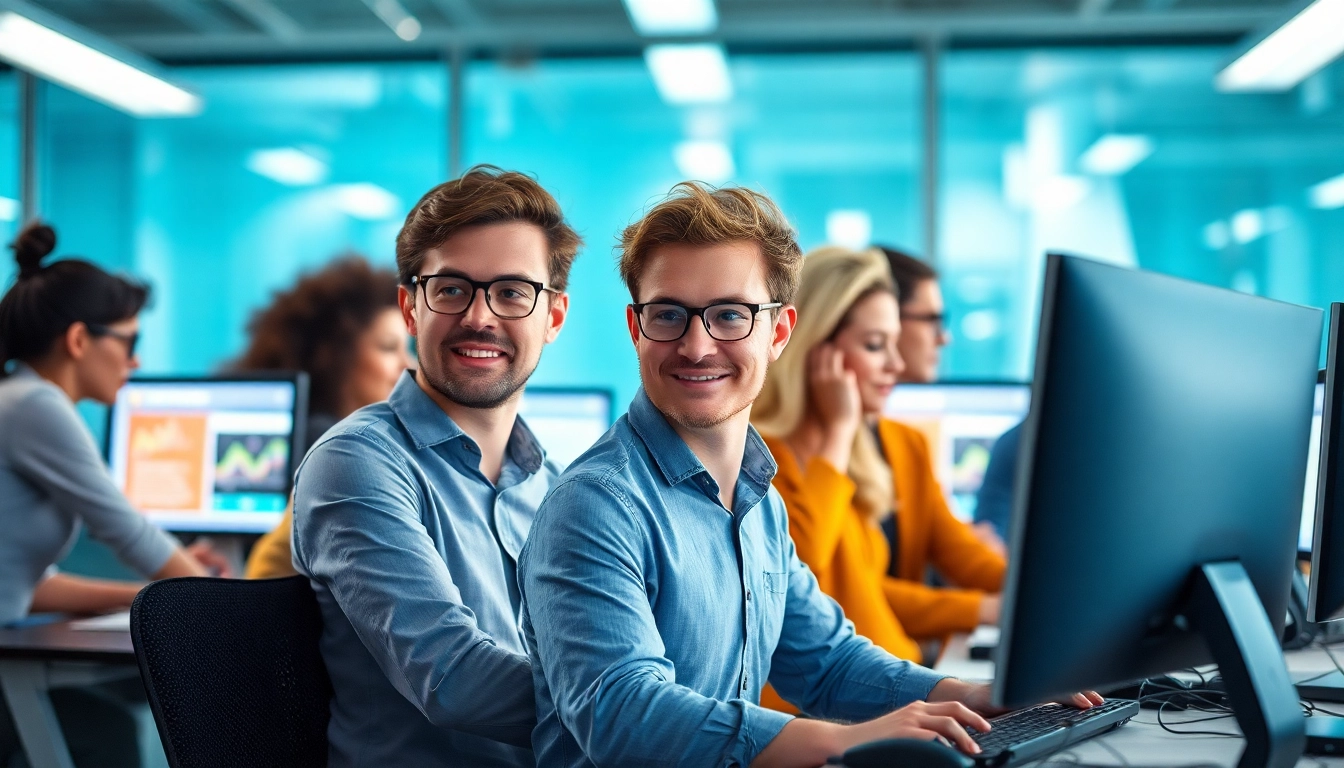 Professionelle SEO-Experten bei der Arbeit im modernen Büro von SEO.my, in einem kollaborativen Umfeld.