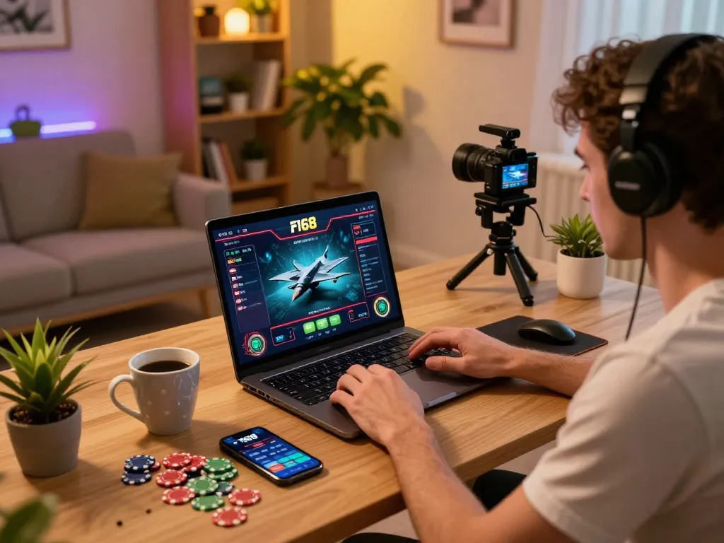 Engaging home gaming scene with F168 casino on a laptop, chips scattered.