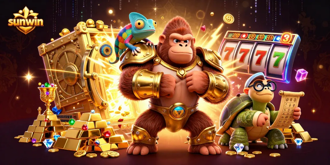 Watch sunwin's features shine with a powerful gorilla king amidst colorful gambling elements.