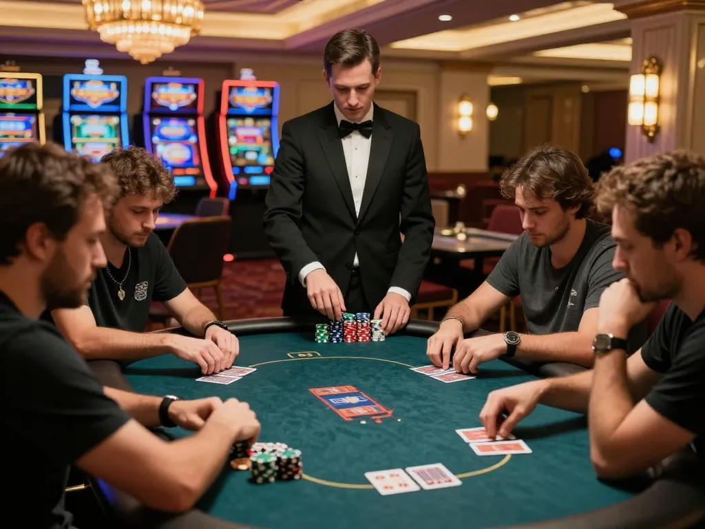 GO88 players engaging in a high-stakes poker game, showcasing competitive excitement in a vibrant casino environment.