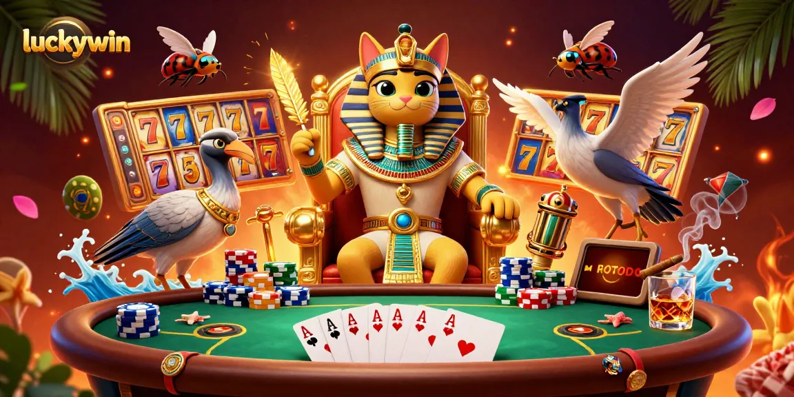Experience exciting gameplay at luckywin with pharaoh cat and vibrant casino elements.