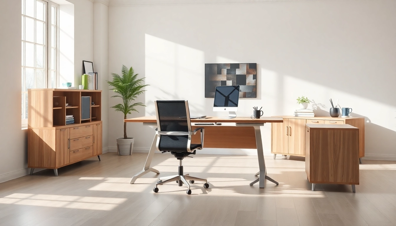 Modernes Büromöbel-Set mit ergonomischen Stühlen und höhenverstellbarem Schreibtisch, inspirierend eingerichtet für produktives Arbeiten.