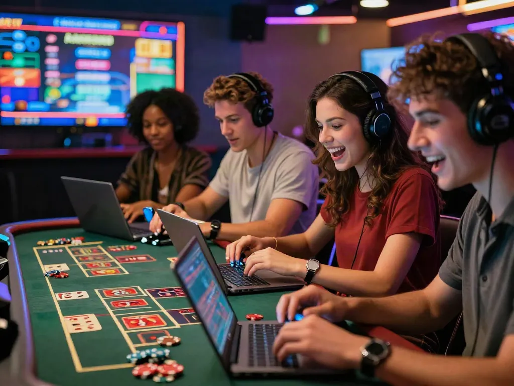 Exciting virtual casino scene with friends gaming on laptops, highlighting Xo88's engaging environment.