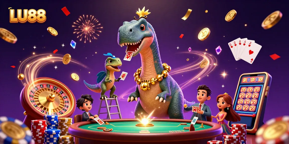 Experience thrilling gaming with LU88 at an animated casino scene featuring a playful dinosaur!