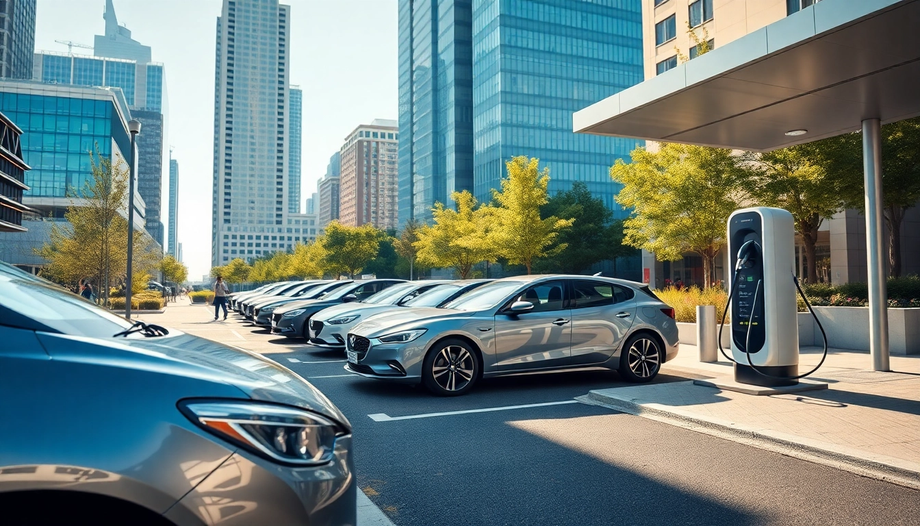 Elektroautos charging at a sleek station in a modern city, showcasing eco-friendly transport.