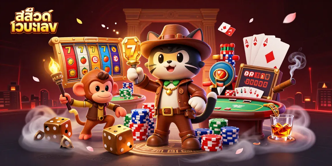Explore สล็อตเว็บตรง with a vibrant illustration of a cat archaeologist and monkey in a casino scene.
