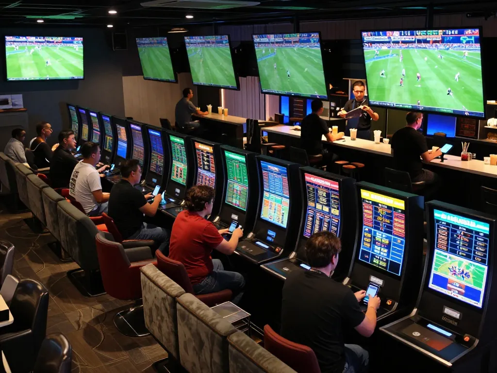 Engaging in cá độ bóng đá online, patrons eagerly placing bets in a vibrant sports betting lounge.