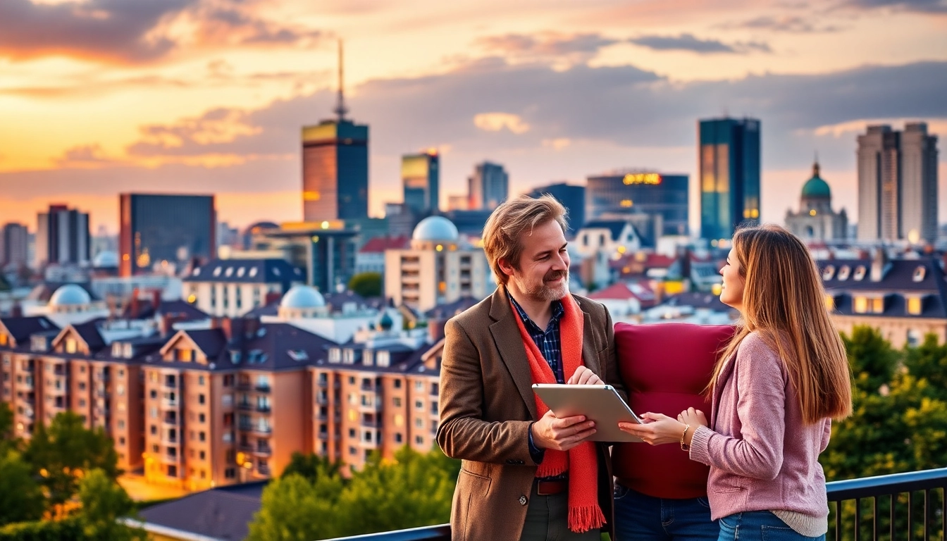 Discuss Baufinanzierung Berlin options with a financial advisor in front of a modern skyline.