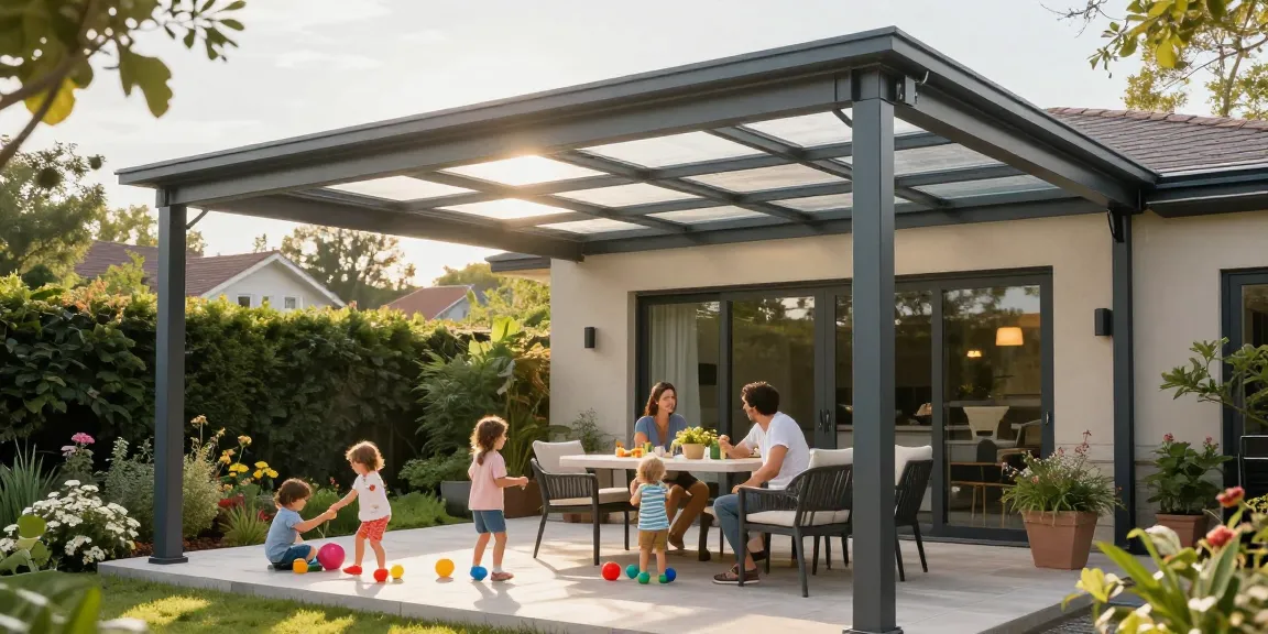 Moderne Terrassenüberdachung mit Familie, die einen sonnigen Nachmittag im Garten genießt.
