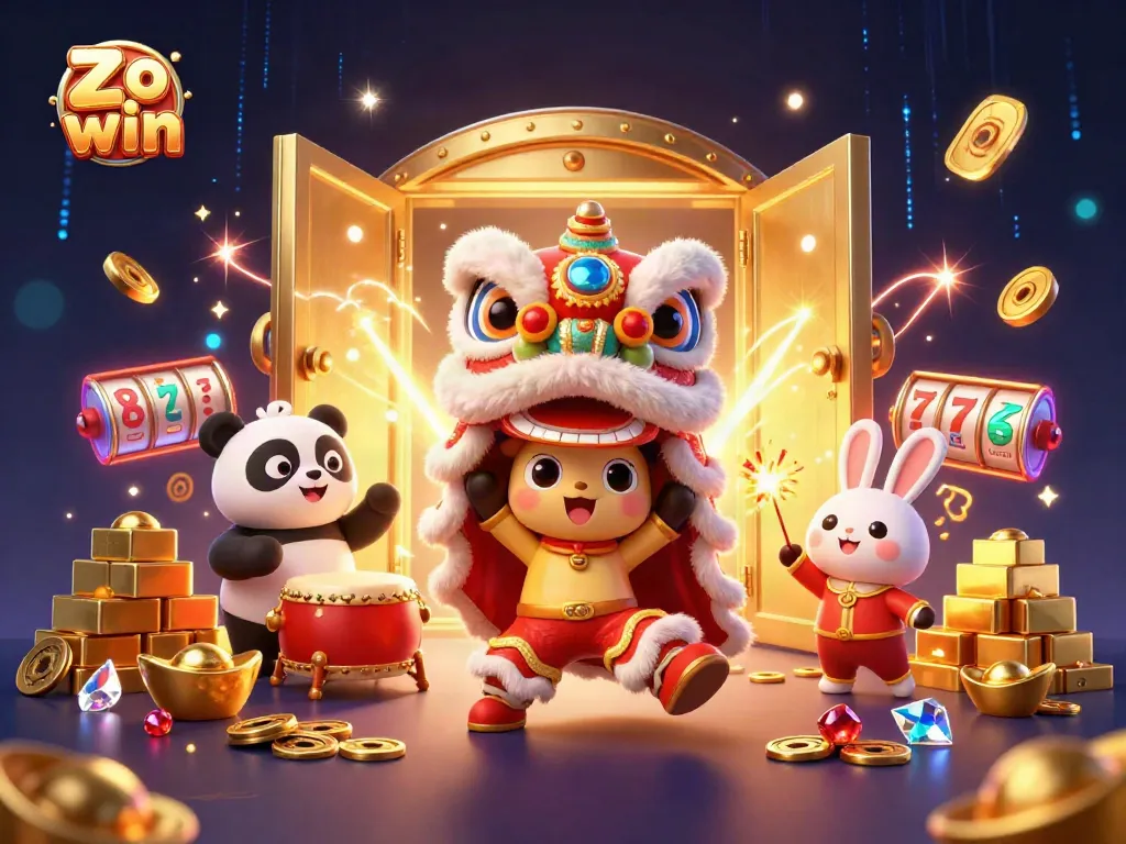 Experience excitement at Zo win with our vibrant lion dance and stacked treasures in this lively 3D illustration.
