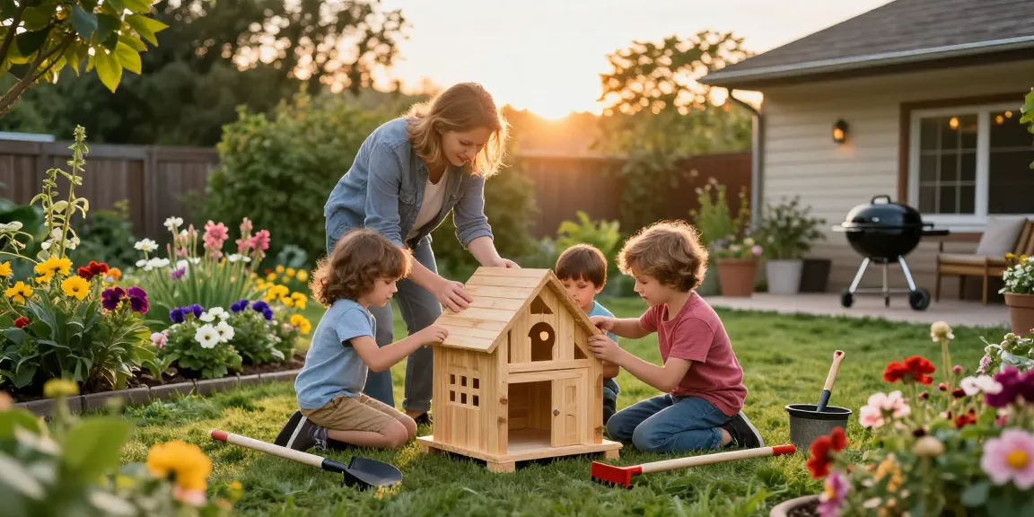 Familie baut ein Gartenhaus aus Holz im Garten, umgeben von Blumen und Werkzeugen.