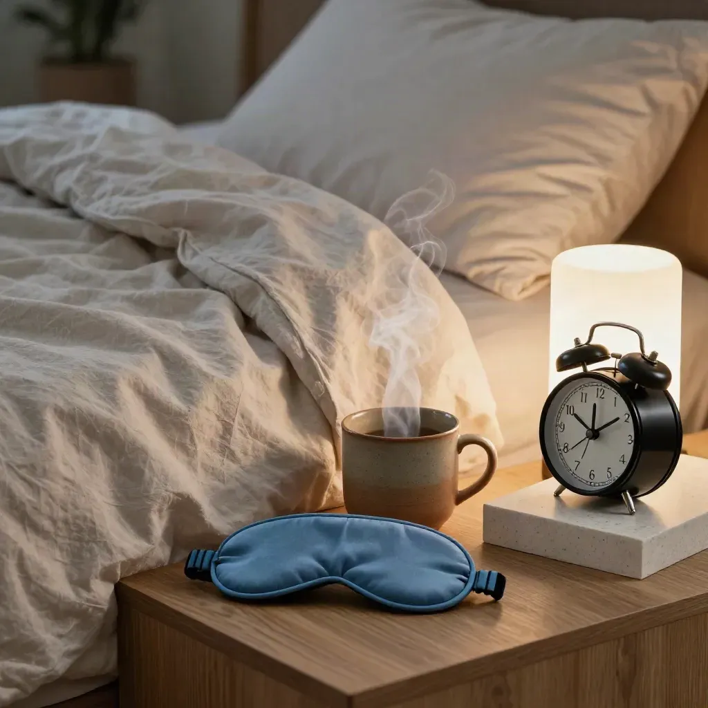 Bedside-Kit mit Decke, Lampe, Schlafbecher, Augenmaske und Wecker im Abendlicht.