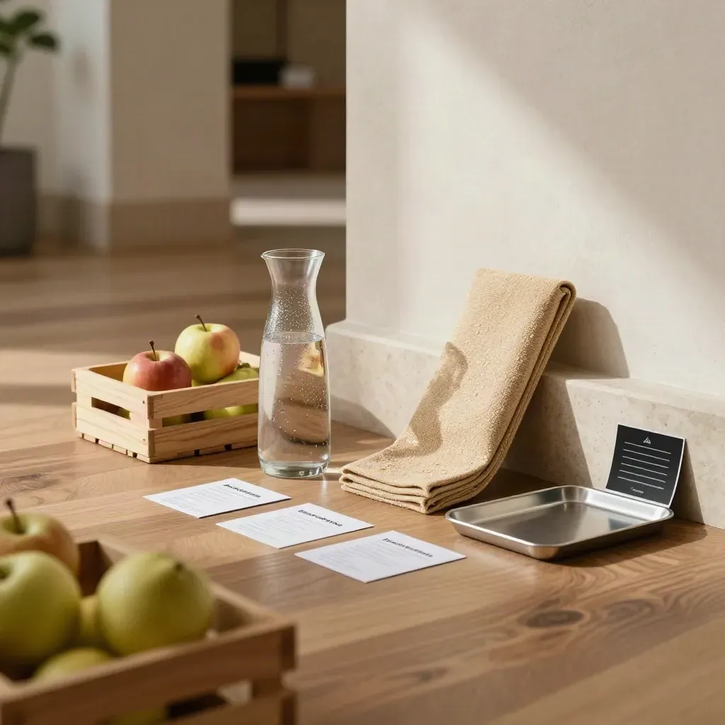 Wasserkarafe, Obstkisten und Mattenstation in heller Lobby-Alkove