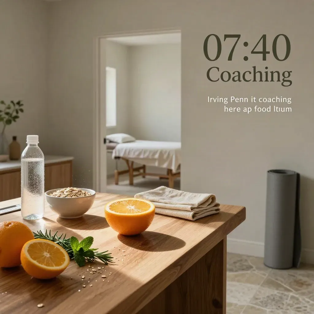 Wohlfühlstudio mit Obst, Kräutern, Matten und offenem Behandlungsraum im Morgenlicht.