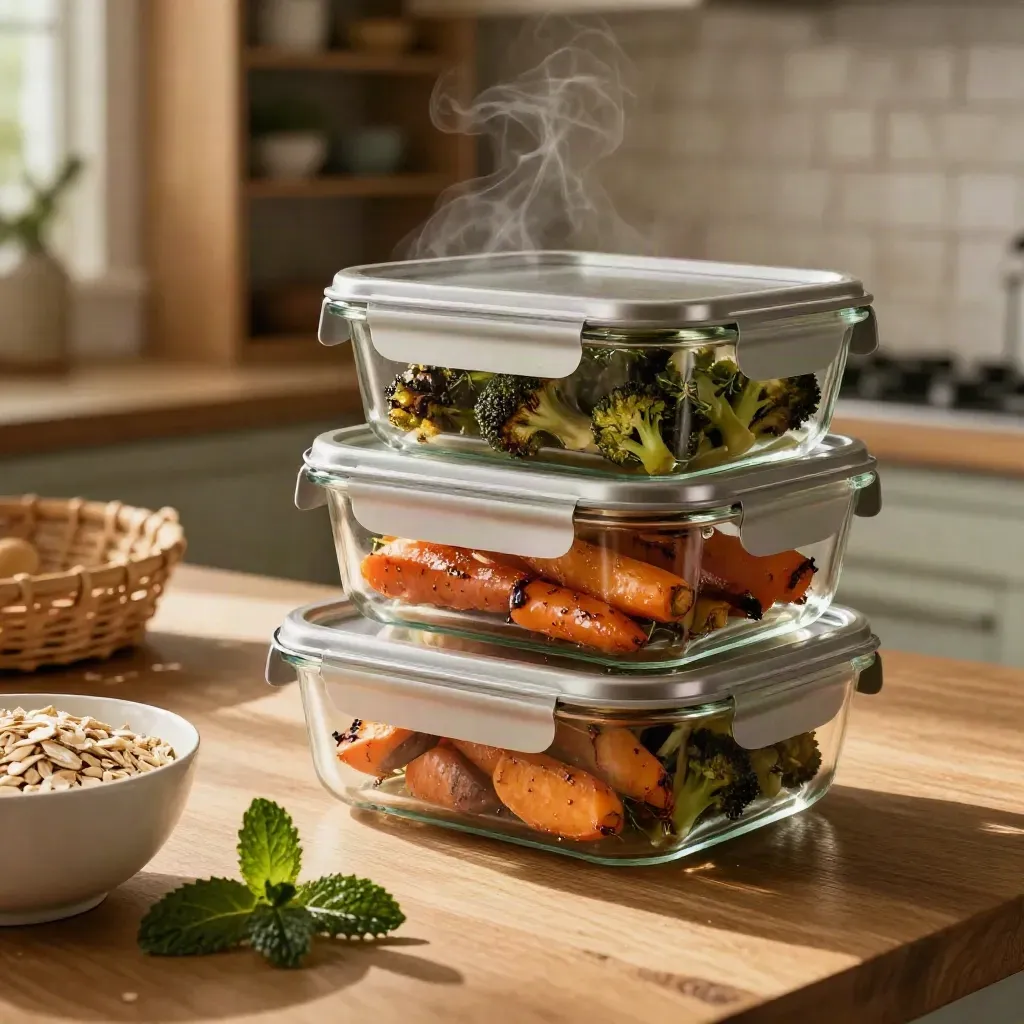 Meal-Prep-Boxen mit Ofengemüse, Hafer und Kräutern auf warmer Küchenplatte.