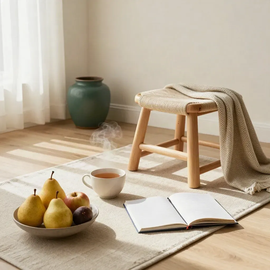 Sonnige Coaching-Ecke im Homeoffice mit Matte, Tee, Obstschale und Hocker.