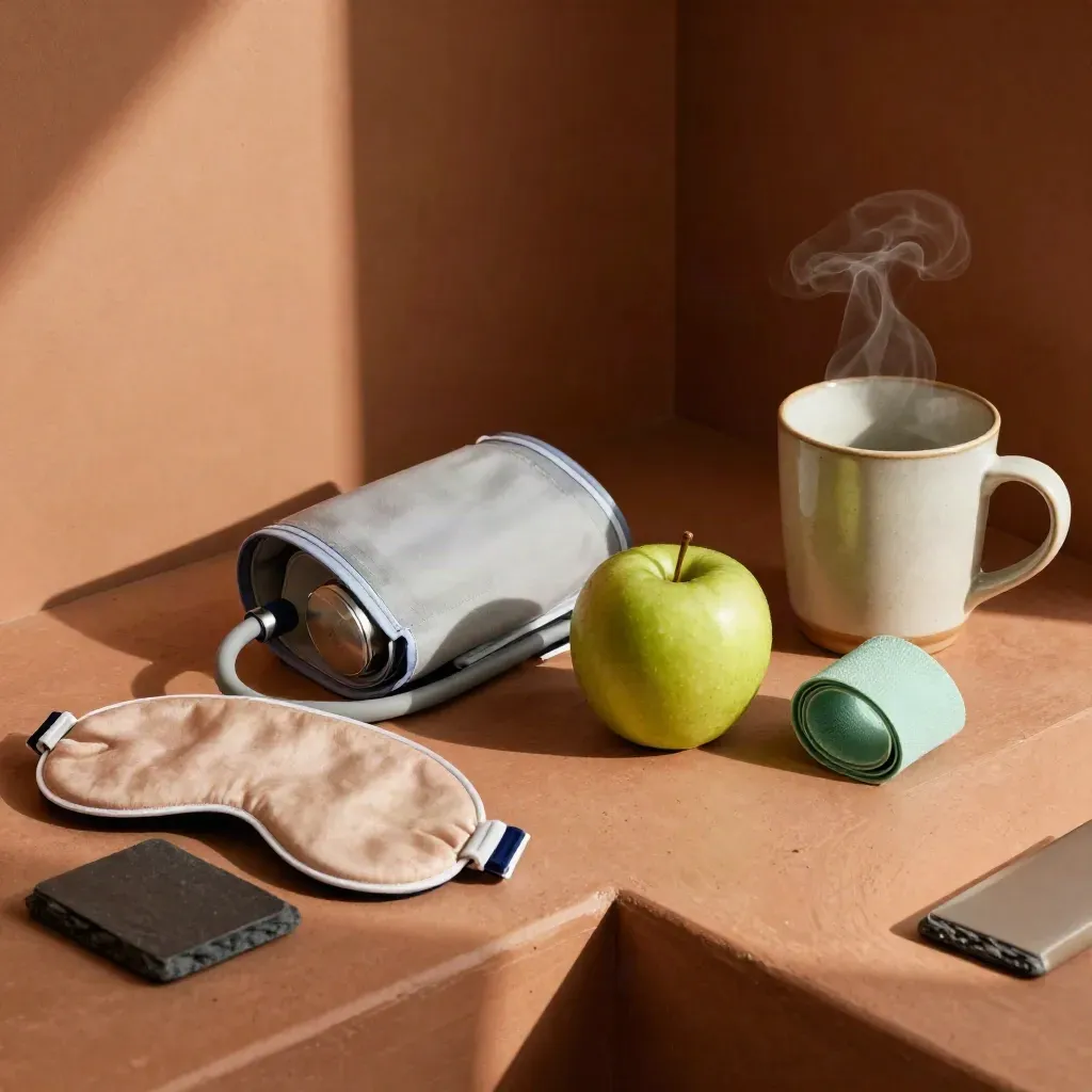 Von oben: Blutdruckmanschette, Apfel, Schlafmaske, Band, Tasse und Schiefertafel im warmen Licht.