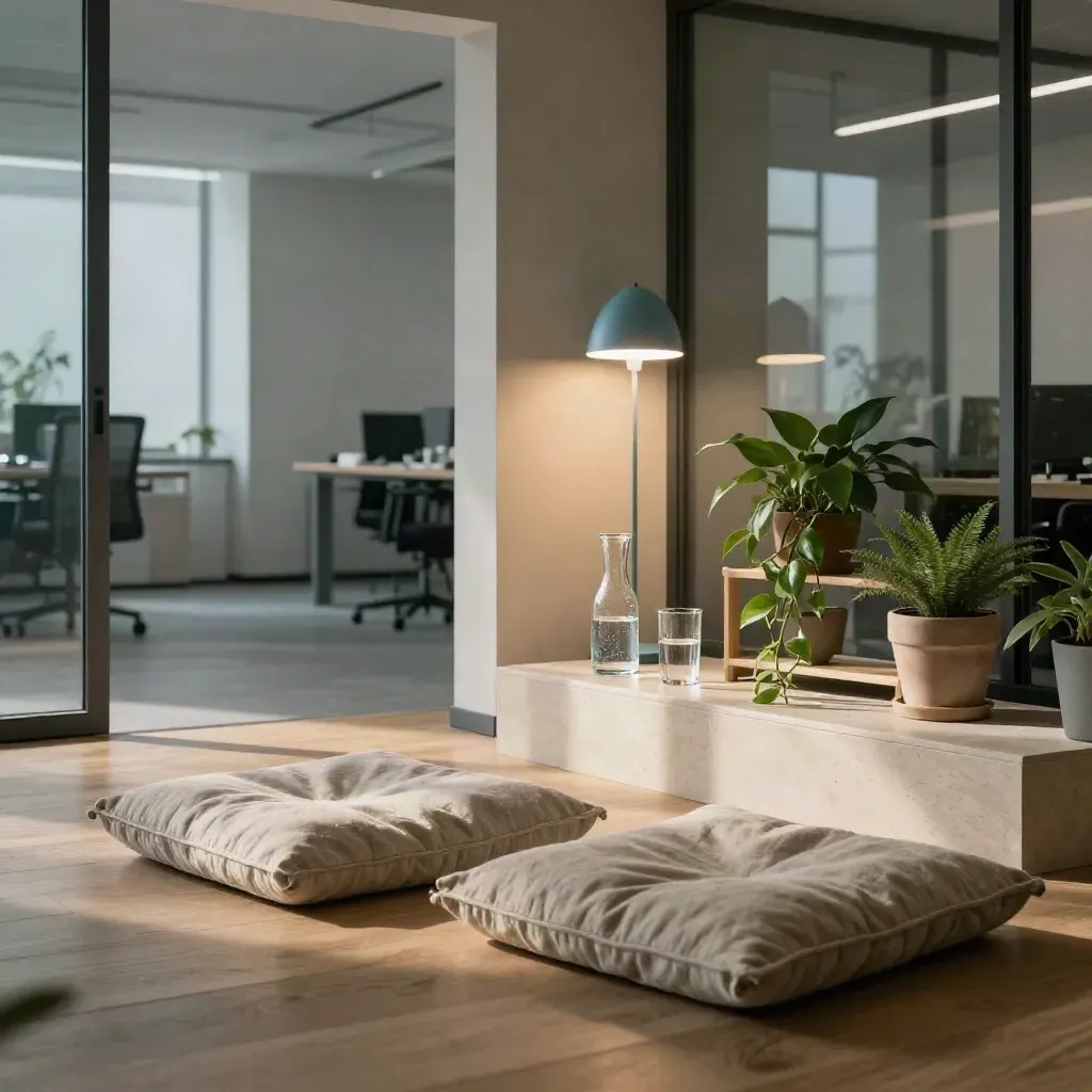 Leerer Agentur-Pausenbereich mit Kissen, Karaffe, Lampe und Pflanzenregal