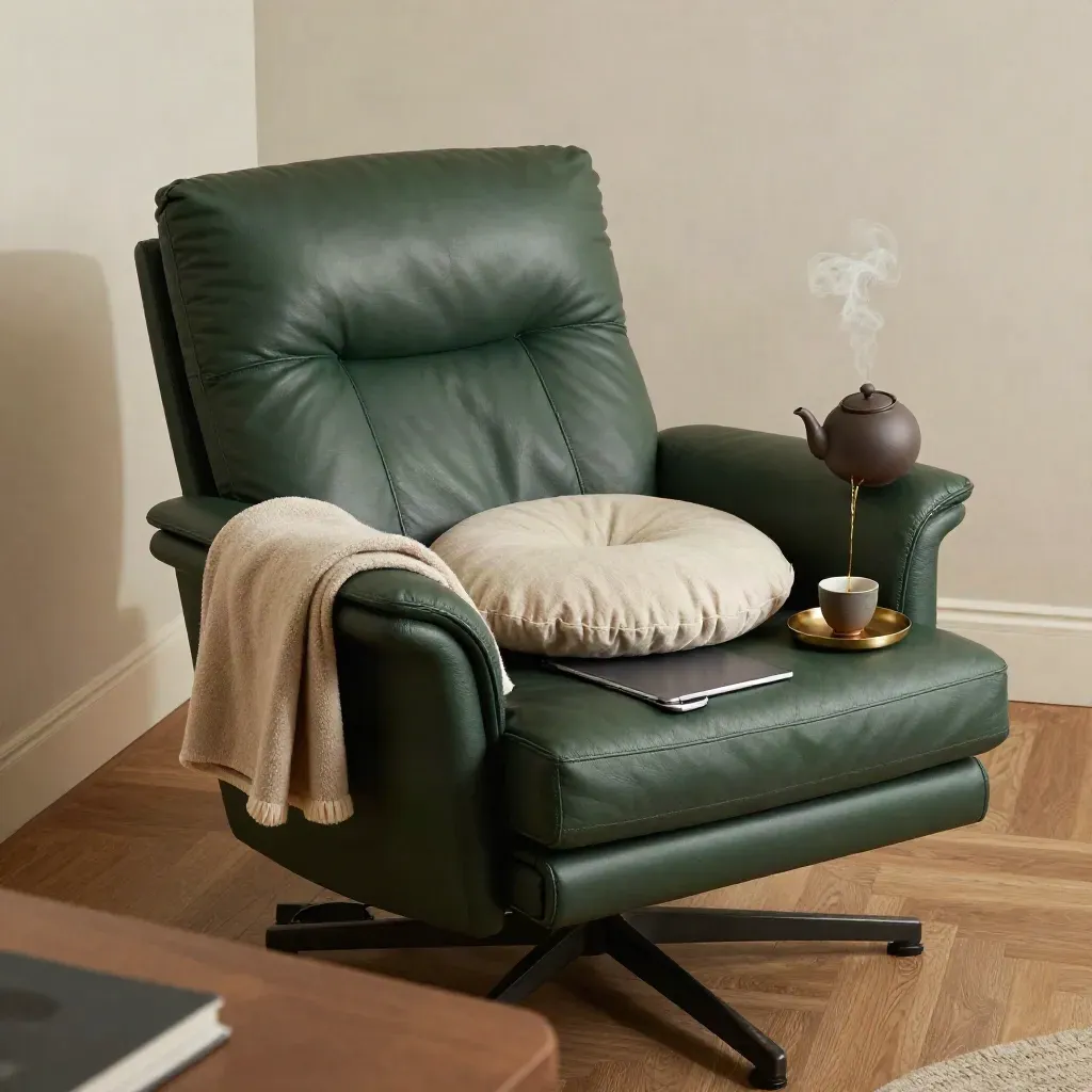 Executive-Ruheecke mit Ledersessel, Teeservice, Tablet und Wolldecke im Büro