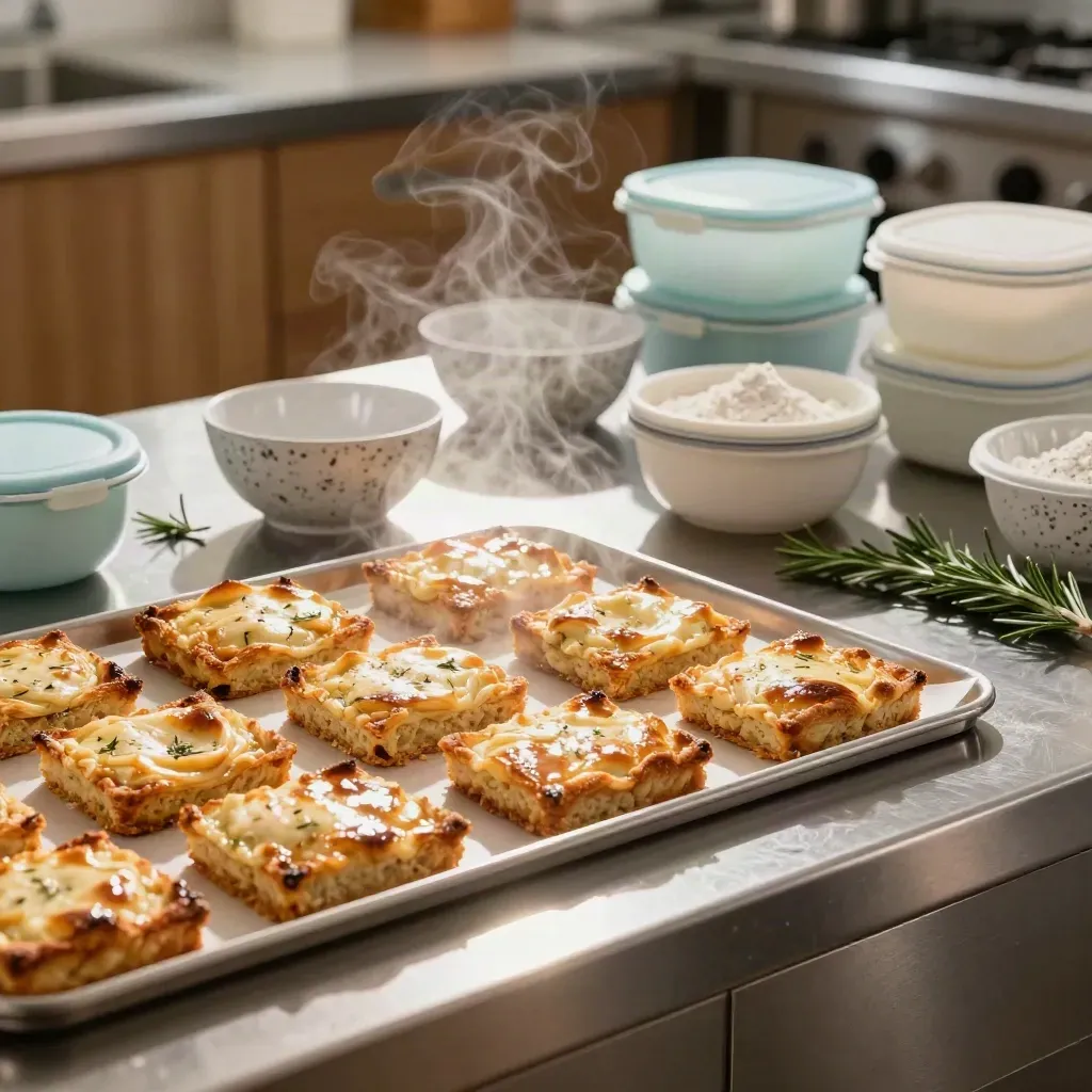 Makro einer Edelstahlinsel mit Tray-Bakes, Kräutern und Meal-Prep-Boxen im warmen Küchenlicht.