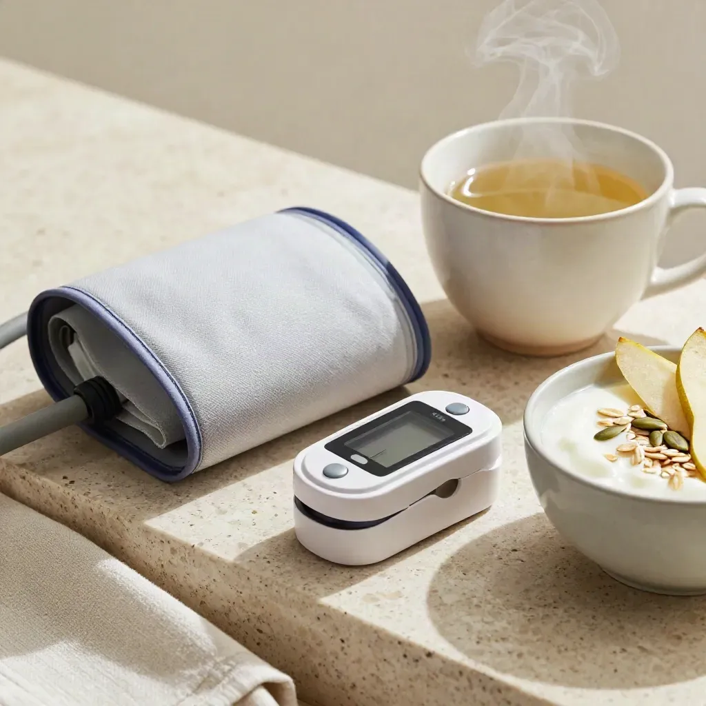 Blutdruckmanschette, Pulsoximeter, Tasse und Nährschale auf hellem Travertin