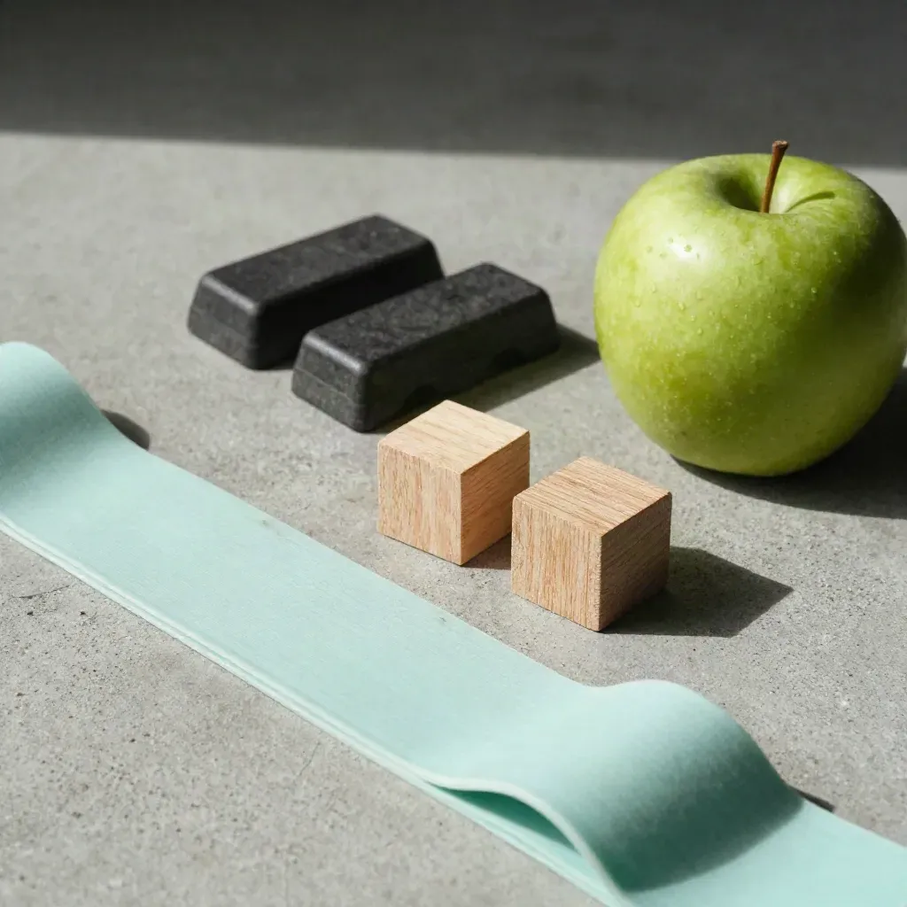 Präventions-Set mit Widerstandsband, Trittsteinen, Holzklötzen und grünem Apfel auf Beton