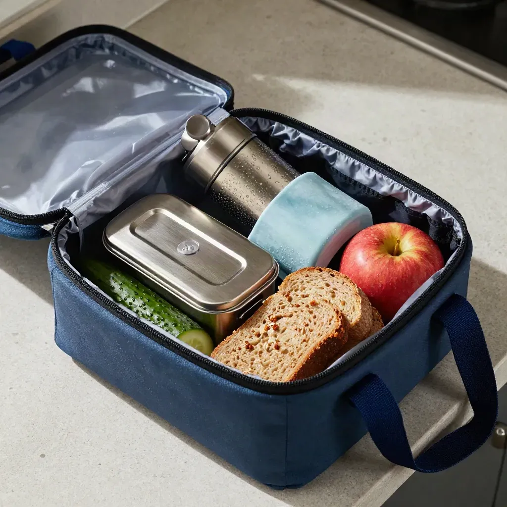Offene Lunchbag mit Lunchbox, Thermoskanne, Gurke, Roggenbrot und Apfel auf hellem Stein.