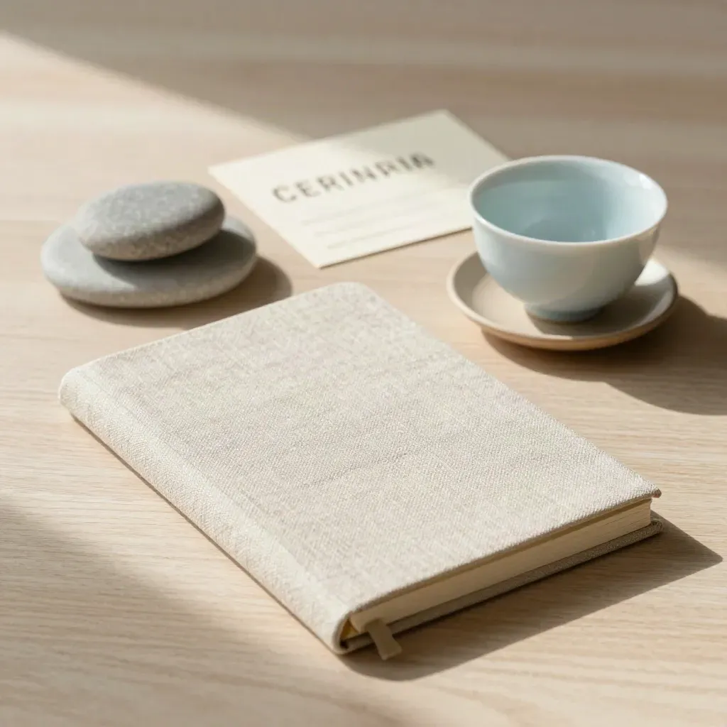 Linen-Notizbuch, Steinkarte und blaue Teetasse auf hellem Holz bei weichem Seitenlicht