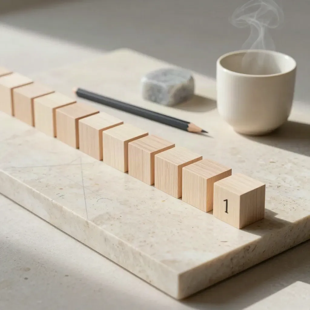Holzblöcke, Bleistift, Steinbeschwerer und Keramiktasse auf Travertin, von oben ruhig arrangiert.