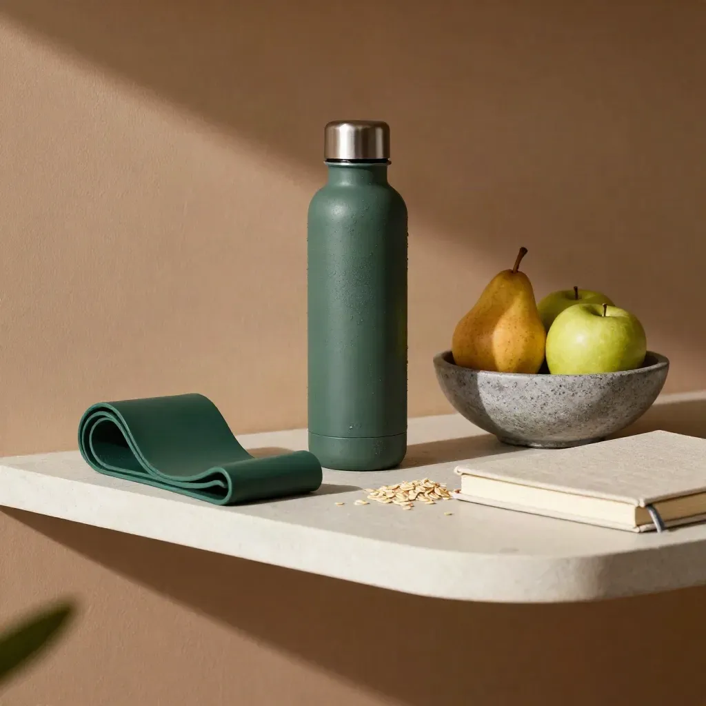 Regal-Stillleben mit Widerstandsband, Wasserflasche, Obstschale und geschlossenem Notizbuch.