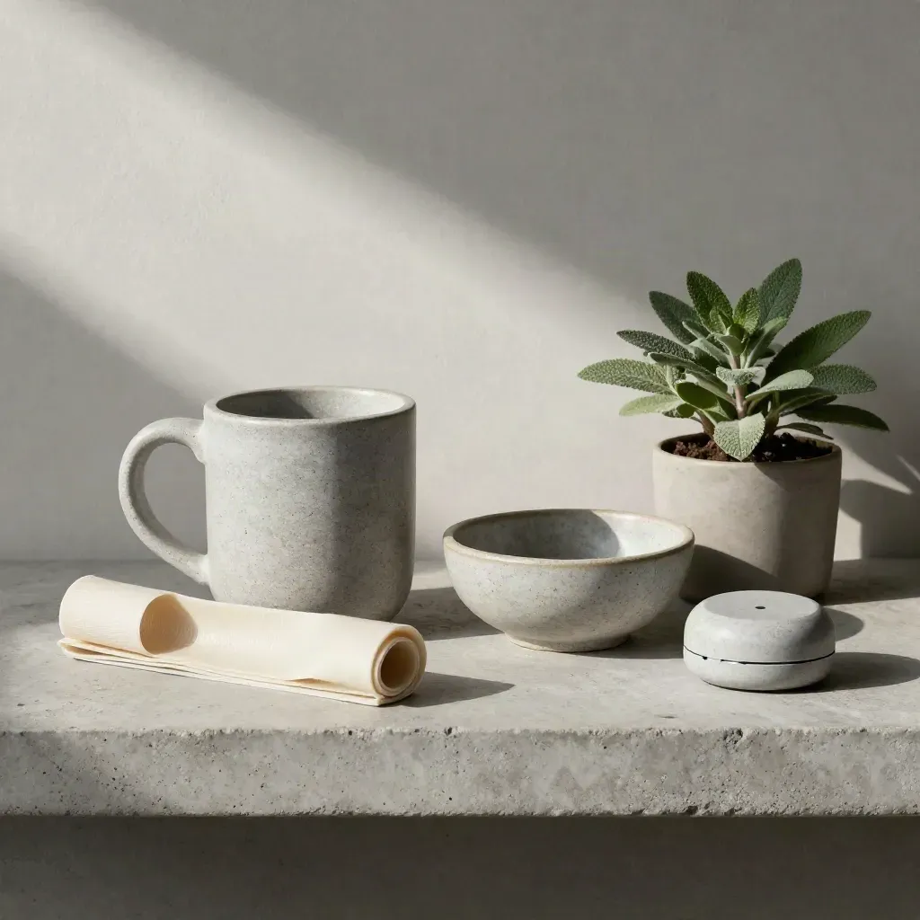 Wellness-Set mit Tasse, Band, Schale, Pflanze und Steintimer auf Beton.