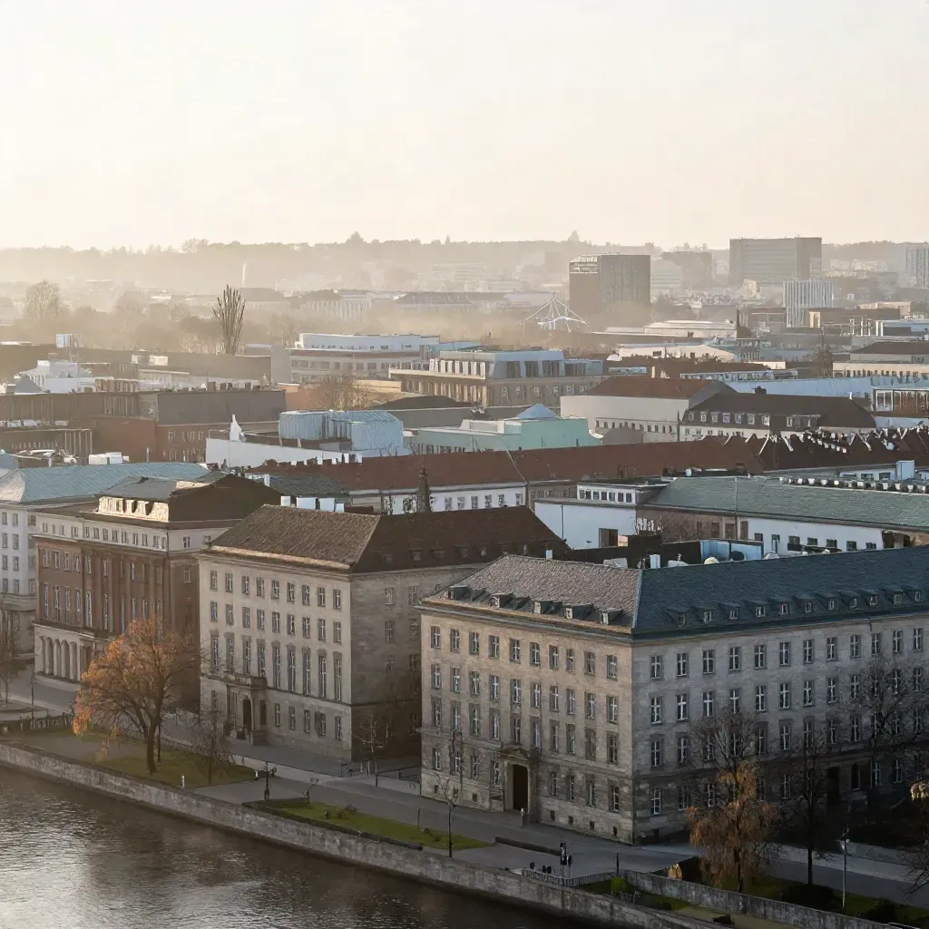 Dämmerungsblick über die Spree mit Berliner Fassaden, Bäumen und Morgennebel